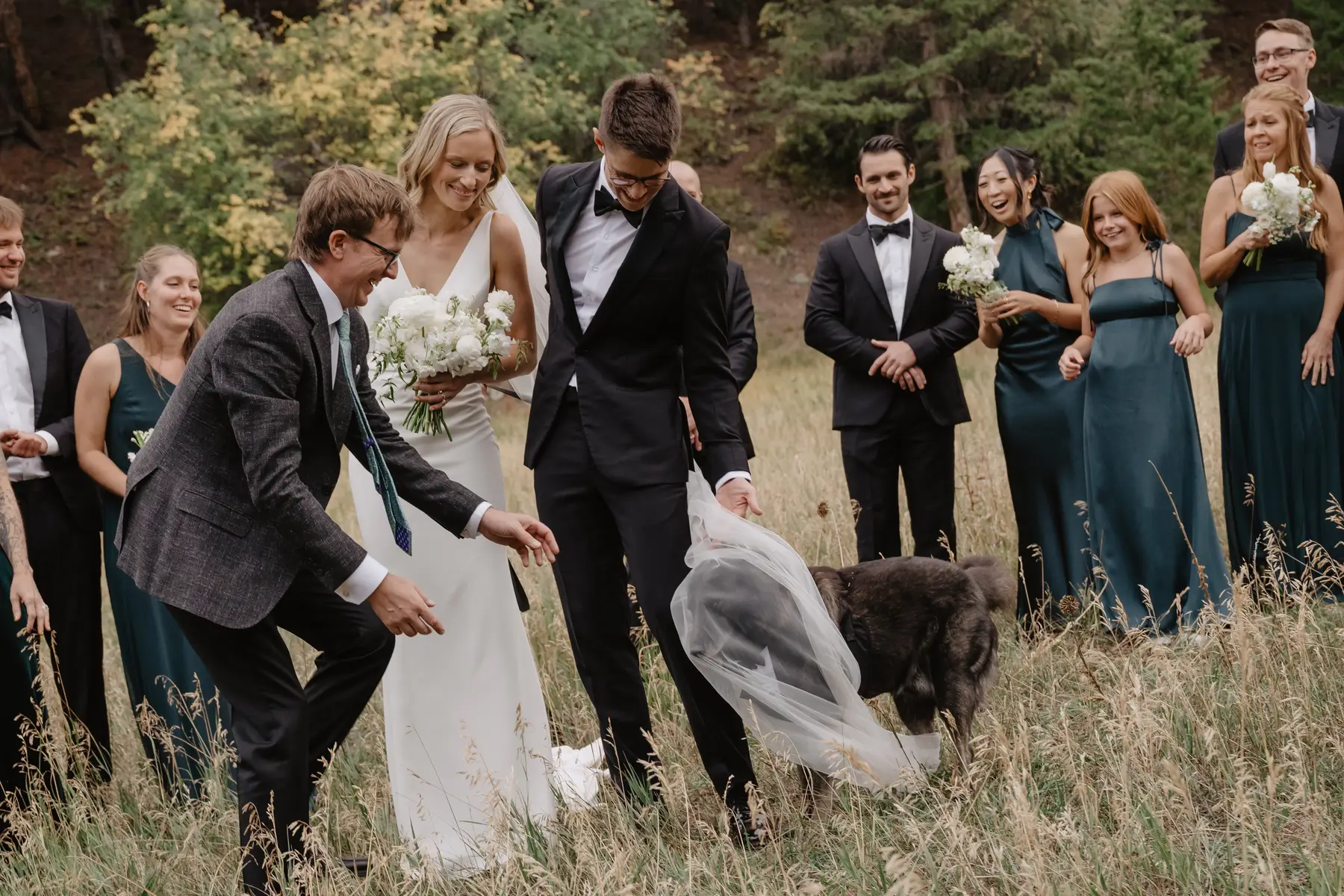 Jax tangled in Billie's veil as Billie, Nick, and their wedding party laugh in a mountain meadow